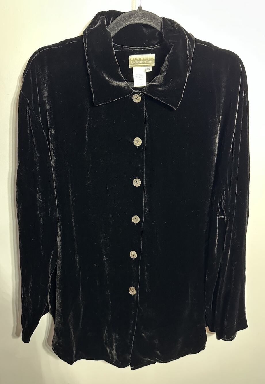 Coldwater Creek Black Velvet Shirt Jacket Button Down Career Holiday Size Medium